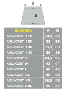 Florbalová sukýnka Bison Sportswear - velikostní tabulka.